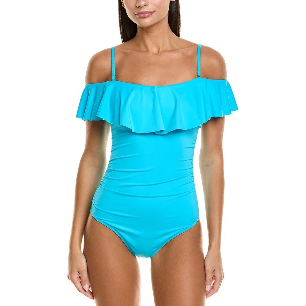 La Blanca Turquoise Ruffle Off-the-Shoulder Tummy Control One-Piece Swimsuit 14